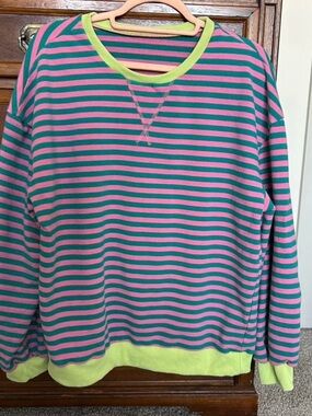 Striped Crewneck Sweatshirt in Teal & Pink with Lime Trim